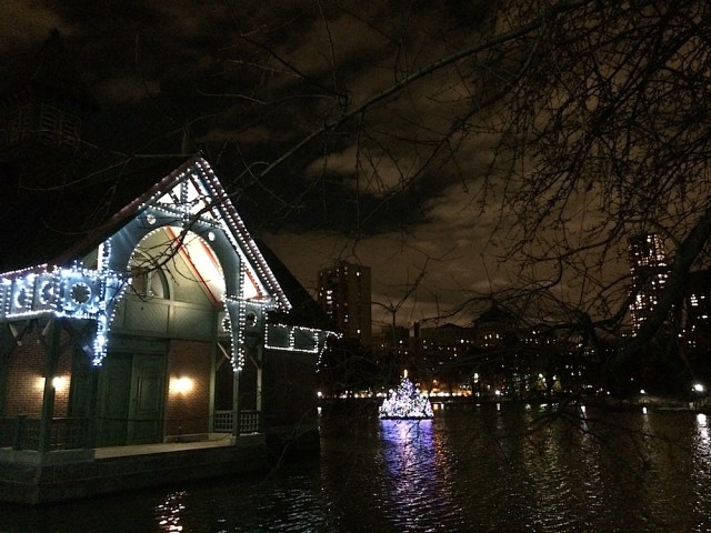The Harlem Meer all lit up for the holidays.